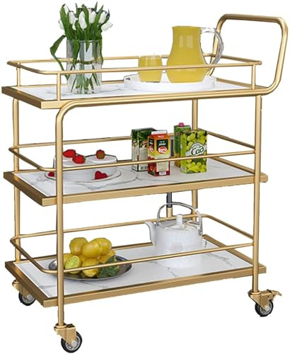Gold Barwagen, 3-stöckiger rollender Getränkewagen mit feststellbaren Rädern, Servierwagen aus Holz und Metall, für Küche, Wohnzimmer, Aufbewahrung