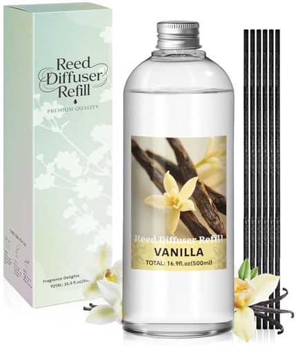 Scent-Hi Reed Diffuser Refill 500ml, Vanilla Scent with 6 Reeds | Refresh Existing Reed Diffuser Bottles with a Large Capacity Refill, Natural Essential Oils, and a Warm, Soft Aroma