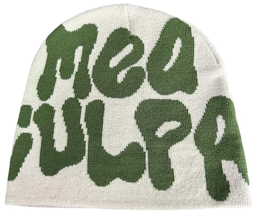Xuancai MEA Culpa Beanies Dupes Skull Cap Y2K Skullies Letter Print Knit Hat Slouchy Letter Print Beanies, beige, One size