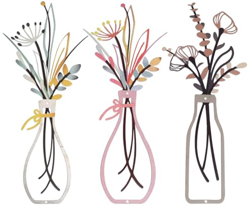 Sophisticate 3 Stück Wanddeko Metallblumen,Metall Blumen Wand Dekoration Vase,Minimalistische Vase Wandkunst,für Terrasse Wohnzimmer Badezimmer Schlafzimmer Esszimmer Küche Dekorationen