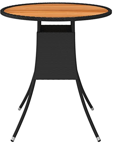 GeenYuu Garten-Esstisch Schwarz Ø 70 cm Poly Rattan mit Massivholz Akazie Tischplatte, pulverbeschichteter Stahlrahmen, wetterbeständig, ideal als Outdoor Table und Patio Table für Garten und