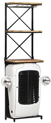 Weinschrank Traktor Weiß aus rauem Mangoholz 49x31x172 cm mit 9 Flaschenhaltern und 2 Einlegeböden, Metallakzente, ideal als Weinregal, Barwagen, Hausbar, Lagerung, Deko