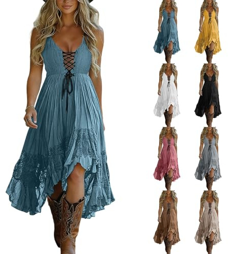 Country Western stil damklänning axelbandsklänning snörning fram spetsklänning bohemisk enfärgad maxiklänningar spagettiremmar ärmlös V-ringad vokuhila klänningar veckad volangklänning