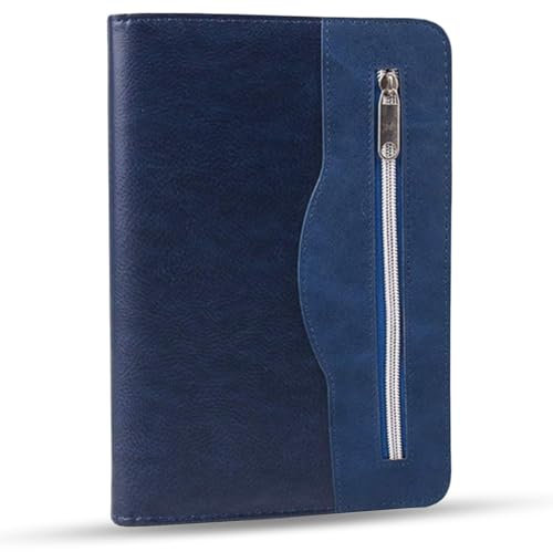 KXF Konferenzmappe, A5, mit Reißverschluss, PU-Leder, Business-Präsentationsmappe, Portfolio mit Taschenrechner, Ringbuch, nachfüllbar, linierte Seiten blau