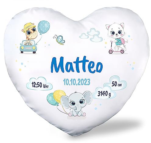 True Statements Herz-Kissen als Geschenk zur Geburt fürs Baby personalisiert - für Mädchen & Jungen (Name, Größe, Gewicht, Datum) - 40x31cm, waschbar, inkl. Kissen-Füllung - Babygeschenke (Jungen)