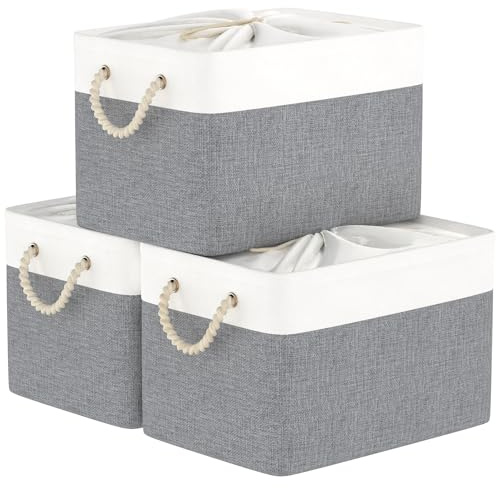 Yawinhe 3 Stück Faltbare Aufbewahrungsboxen,Korb,38x28x26cm,Weiß/Grau | Aufbewahrungskorb Stoff,mit Kordelzug-Abdeckung und 2 Griffen, Körbe Aufbewahrung,Kisten Aufbewahrung für Schrank und Regal