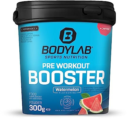 Bodylab24 Pre-Workout Booster Pastèque 300g, Boisson énergétique pré-entraînement, 136mg de caféine, taurine & extrait de guarana, acides aminés essentiels BCAA et bêta-alanine, arginine, citrulline