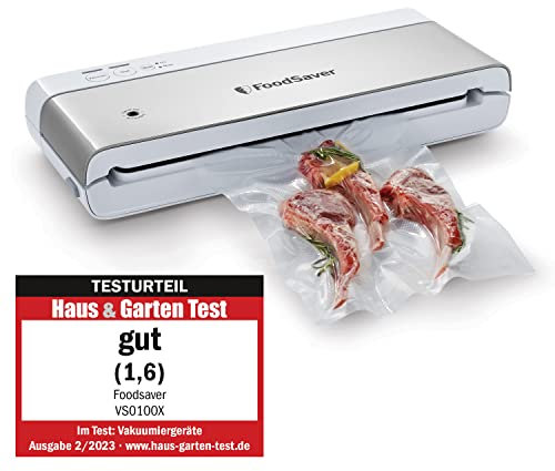 FoodSaver Envasadora al vacío de alimentos compacta | Sistema de conservación con accesorio sellador manual | incluye 1 rollo y 4 bolsas | Acero inoxidable con detalles blancos [VS0100X]