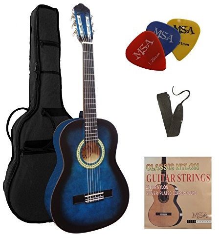 1/2 GITARRE - KONZERTGITARRE IM SET - KINDERGITARRE - CLASSIC - BLAU - SCHATTIERT - DECKE LINDENHOLZ - TASCHE - BAND - SAITEN - 3xPIKS - J2