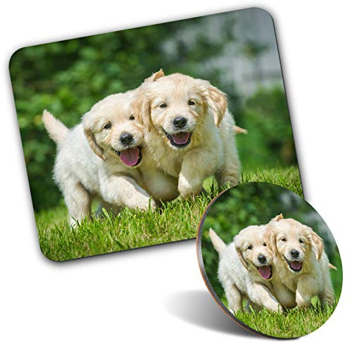 Rectangle Mouse Mat & Round Coaster Set - Golden Retriever Puppy Dog 20 cm & 9 cm for Computer & Laptop, Office, Gift, Non-slip Base #2323