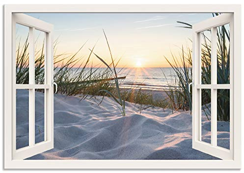 ARTland Wanddeko Wandbild Alu Verbundplatte für Innen & Outdoor Bild 130x90 cm Fensterblick Strand Meer Sand Ostsee Dünen Sonnenuntergang U1TZ