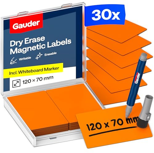 GAUDER Magnetstreifen beschreibbar, Magnetschilder (30 Stk, 120x70mm) | Magnetschilder zum Beschriften, beschreibbare Magnete zum Beschriften, Magnetetiketten für Kanban Board, mit Marker