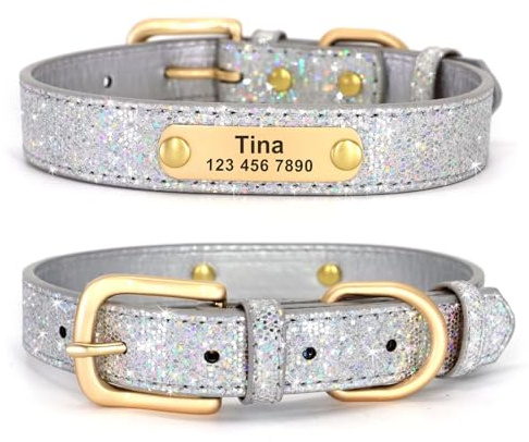 Didog Glitzer-Hundehalsband, personalisierbar, PU-Leder mit glitzernden Pailletten, personalisierbares Hundehalsband mit graviertem Namensschild für kleine, mittelgroße Hunde und Katzen, Silber, S
