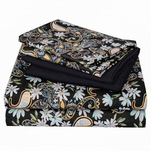 JSD Juego de sábanas de 6 Piezas con Estampado Floral Negro, tamaño Queen, sábanas de Microfibra Suave con Estampado de Cachemira con 4 Fundas de Almohada de Bolsillo Profundo