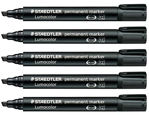 Staedtler Permanentmarker Lumocolor permanent, breite Keilspitze 2-5 mm, wisch- und wasserfest, nachfüllbar, schnelltrocknend, lange Lebensdauer, 5 schwarze Marker, 350-9X