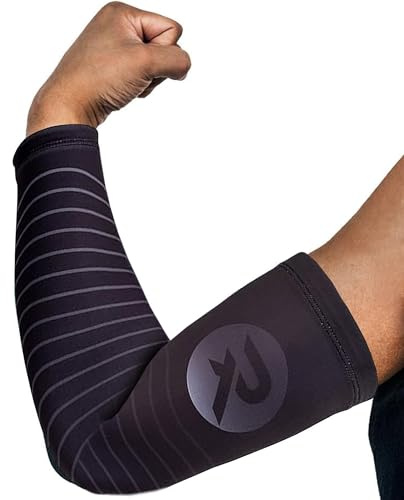 Raquex Manicotti sportivi a compressione per braccio, confezione da 2, 5 colori, antiscivolo, per avambraccio e gomito, Nero , S