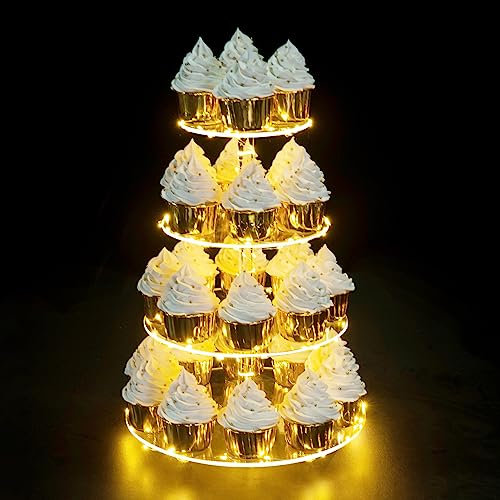 OLACHIKKO Cupcake Stand, 4-Tier Round Cupcake Holder with LED light String, Acrylic Cupcake Tower Display-Dessert Tower-Pastry Stand-Cupcake Tier Stand for Wedding, Birthday party ( Yellow Light)