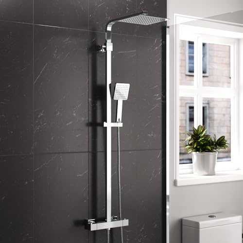 Nes Home Modern Square Round Exposed Thermostatic Mixer Shower Set Shower Head and Handheld Chrome or Matte Black (Square, Chrome)