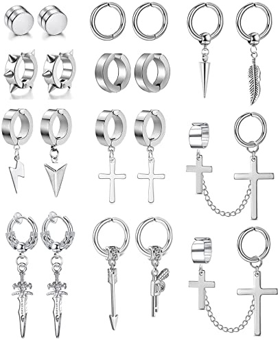 20 Piezas Pendientes Hombre Pendientes Magnéticos de Acero Inoxidable Pendientes Clip Cruz Plumas Kpop Pendientes Negro Falsos Pendientes Para Hombres Mujeres, Plata