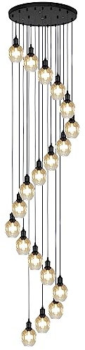PAZWAHF 19-Licht-Kronleuchter mit hoher Decke, 3,5 m, spiralförmige Pendelleuchten, Champagnerfarbener Glasschirm, Schwarze Kuppel, Langer Kronleuchter für Foyer, Eingangsbereich, Treppenhaus