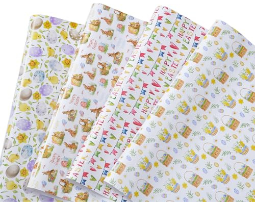 HBell 8 Sheet Easter Wrapping Paper 4 Designs Easter Egg Bunny Chick Wrapping Paper Cartoon Art Colorful Easter Wrapp Paper for Spring Holiday Easter Party Gift Wrap DIY Craft