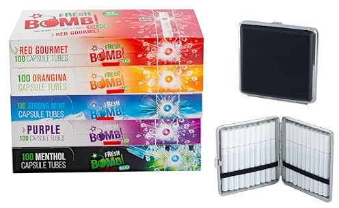 Sunmondo Fresh Bomb Click Hülsen im Set mit 5 Aromen, 100 Stück pro Sorte, inkl. Alu-Zigarettenetui
