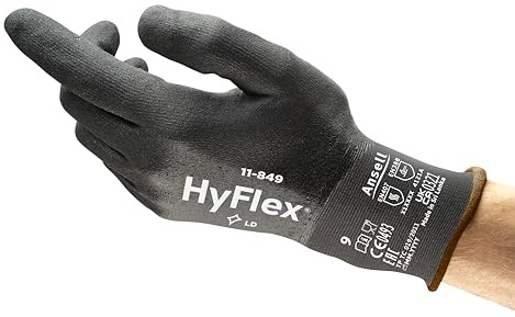 Ansell HyFlex 11-849 Gants de Travail Professionels Résistant à l’Abrasion, Protection Multi-Usage, Mécanique, Manutention, Montage, Gant Sécurité Lavable, Noir, Taille S (1 Paire)