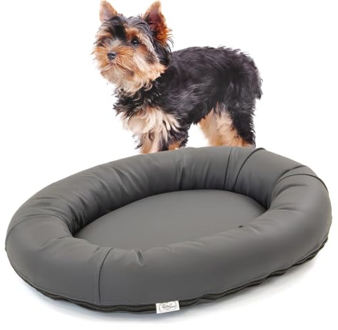 Wallace & Jones | Premium Hundebett Bolton Hundesofa 63x50 cm Hundecouch aus Kunstleder Hundebett für kleine Hunde, verdeckter Zipper, waschbar, rutschfest, dunkelgrau