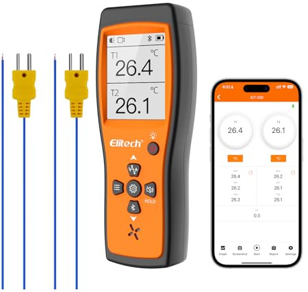 Elitech Thermomètre Thermocouple de Type K Double Canaux avec APP pour CVC Réfrigération Maintenance Automobile et Pompe à Chaleur -50 à 500℃ ICT-220