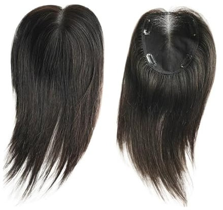 Haartopper für Frauen Glatter Echthaar-Topper, 9 x 14 cm/13 x 15 cm, schwarzer Schweizer Spitzenbasis-Haarteil, 20,3–35,6 cm, Clip-in-Europäischer Remy-Haar-Topper for Frauen mit dünner werdendem Haar