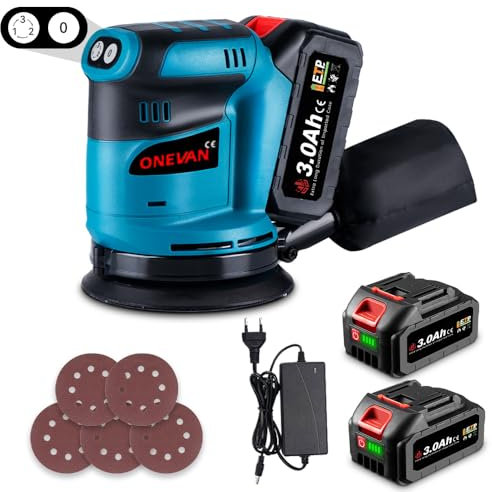 ONEVAN Smerigliatrice a batteria da 125 mm, levigatrice orbitale a batteria, 12000 giri/min, con sacchetto per la polvere e 5 carta vetrata, levigatrice elettrica per legno, metallo (2 batterie da 3,0