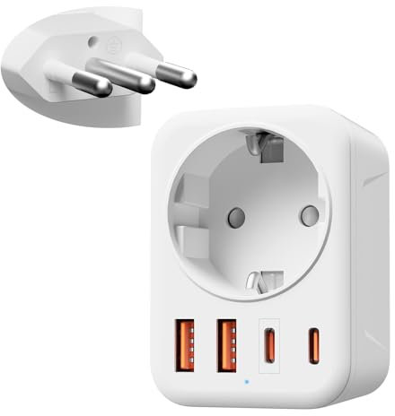 Adaptador Italia Enchufe, 5 en 1 Adaptador de Viaje Italia con 1 AC & 2 USB-C & 2 USB-A(3.4A), Adaptador de Enchufe Italia de 3-Pin para Chile, Uruguay, Etiopía, Eritrea, Enchufe de Viaje Tipo L