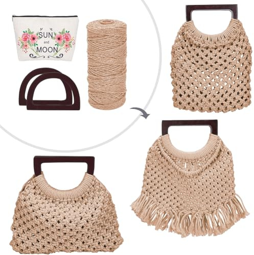WEBEEDY DIY Makramee Taschen Set Makramee Handtaschen Set Boho Makramee Taschen Set Für Erwachsene Anfänger Mit Baumwollkordel DIY Taschenbastelset Mit Videoanleitung Boho Frauen Geschenk(Milchkaffee)