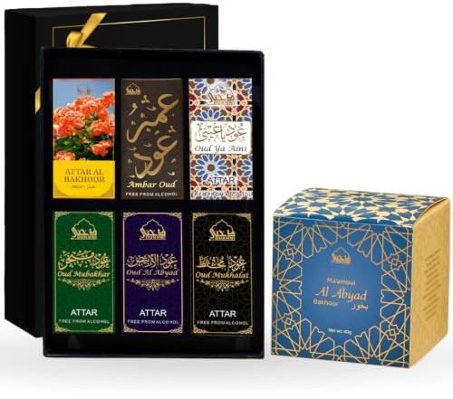 Maamoul al Abyad Bakhoor & Maamoul Attar Set by Dukhni | 40 gm White Oud Bakhoor Incense, Luxurious Bakhour for Prayer Time & To Relax | 6 x 6ml arabic perfume oils | Islamic Gifts for men & women