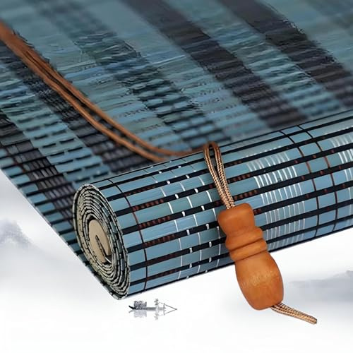 Eiauiuo Blau Bambusrollo Natürliche Bambus Jalousien Sonnenschutz Sichtschutz Bambusvorhang Beschattung Raffrollo UV-Schutz 85% Schattierungsrate Bambus Rollo mit Hakenaufhängung(70x200cm)