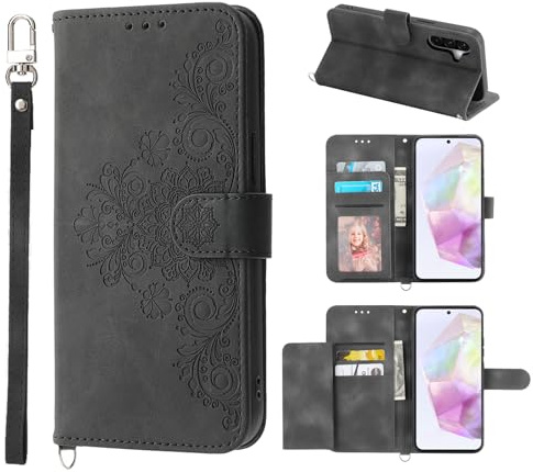 Auslbin Coque pour Samsung Galaxy A36 5G 6.7 Couverture De Étui De Protection avec 5 Emplacements De Carte Portefeuille Mobile en Cuir PU De Style Vintage, Noir | Logement de 5 cartes pour A36/SM-A366E/DS Mobile de protection en cuir PU Style vintage Flower Coque de protection
