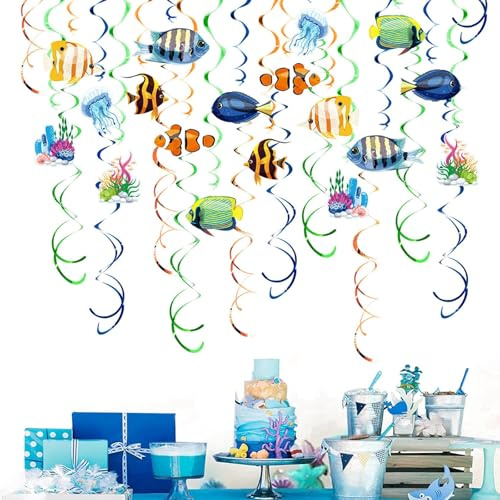 Tropische Fisch Hängende Wirbel Decke Dekor Meerestiere，Fisch Deko Unterwasserwelt Kindergeburtstag Ozean Party Dekoration 30-teilig Hängende Spiral-Fischhänger Tropische Fischmuster, für Innen Außen