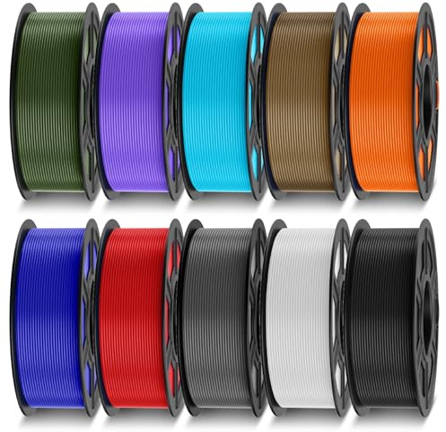 TECBEARS PLA Filament 1.75mm Mehrfarben Bundle 10KG | 3D Drucker PLA Filament, +/- 0,02 mm, für Anfänger(Schwarz+Weiß+Grau+Cyan+Orange+Lila+Blau+Braun+Olivgrün+Rot)