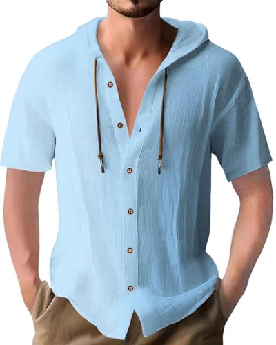 PRIVIMIX Mens Shirts Short Sleeve Cotton Linen Shirt Button Down Hooded Tshirt Summer Hoodie Top for Beach Holiday M-3XL