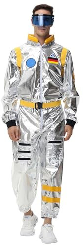 Astronauten Kostüm Herren Silber Kostüme für Erwachsene Astronaut Karneval Weltall Raumfahrer Raumanzug Fasching Costume Space Overall mit Gürtel Gläser Karnevalskostüm Faschingskostüme