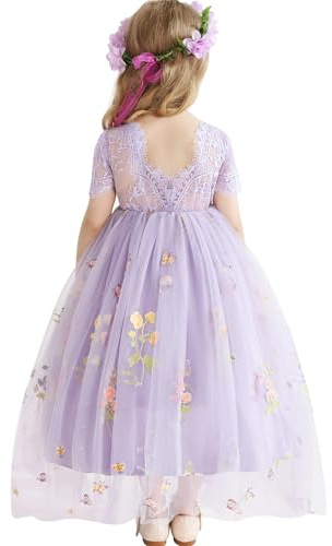 Fiore Vestito per Ragazze Abito in Tulle Abito Pizzo Indietro Principessa Compleanno Tutu Tulle Vestito Cerimonia Elegante Bambina Festivo Damigella d'Onore Festa di Nozze Abito da Ballo 2-8 Anno