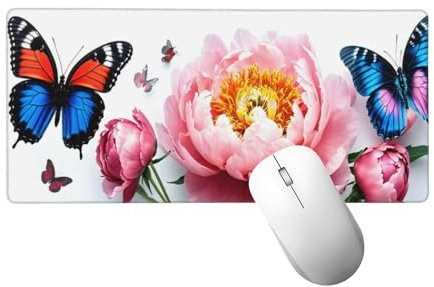 Gaming Mauspad XXL 900 x 400 mm, Mauspad Schmetterling Mousepad XXL Schreibtischunterlage Groß Size, mit Genähten Kanten Mouse Pad Pfingstrose Mousepad für Spiele, Home Office Deko Geschenke H-468