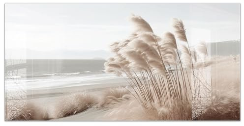 timalo Küchenbild aus Acrylglas modernes Wandbild Glasbild Deko Küche XXL Bild wie Glas | 100x50cm Natur & Strand – Pampasgras, Meer, Sanddünen, Beige Töne, Boho
