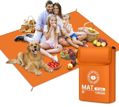 RUVVDR Picknickdecke Wasserdicht Stranddecke Sandfrei mit 4 Erdankern,Picnic Blanket für Camping, Park, Garten, BBQ,Strand,Faltbar (Orange, 150 X 200 cm)