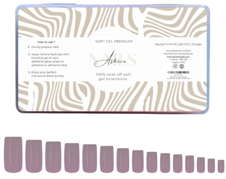 Ashera Nails Capsules Soft Gel Premium Carré Mocha Medium | 240 Capsules, 15 Tailles - Pose Américaine Semi-Transparente - Faux Ongles Nude Carnations Foncées, Forme Square