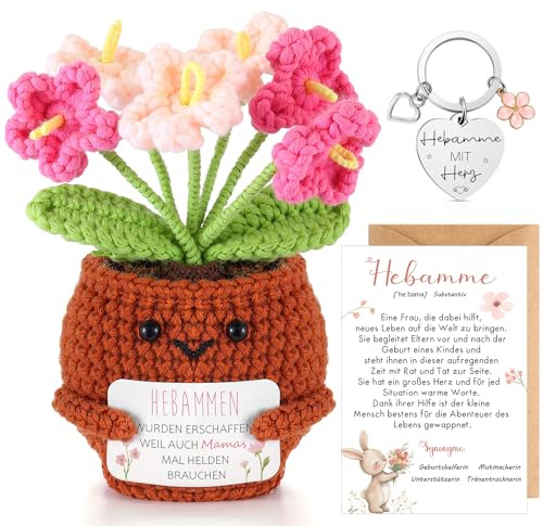 Otuuz Dankeschön Geschenk für Hebamme inklusive Gestrickte Blumentopf Puppe Hebamme Dankeskarte mit Umschlag zum Geburtstag, Weihnachten und Tag Der Pflege
