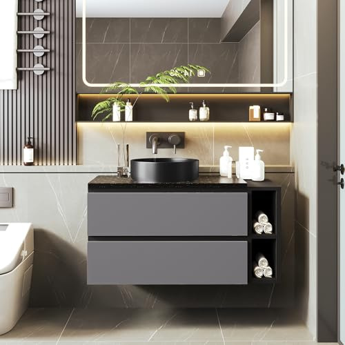 Dolamaní Badmöbel Waschbecken mit Unterschrank hängend 80cm Breit, Keramikwaschbecken schwarzes rundes Becken, Schrank mit Schubladen, Modernes Design (Schwarz-Grau)