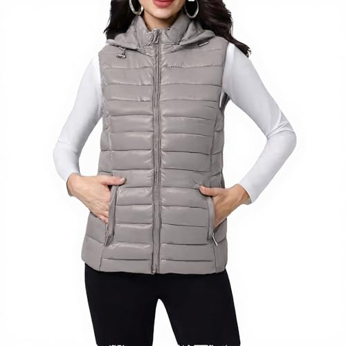 vittorio y Gilet pour femme en duvet sans manches matelassé – capuche amovible, fermeture éclair avant et poches fonctionnelles – veste rembourrée légère pour demi-saison, gris, XXL