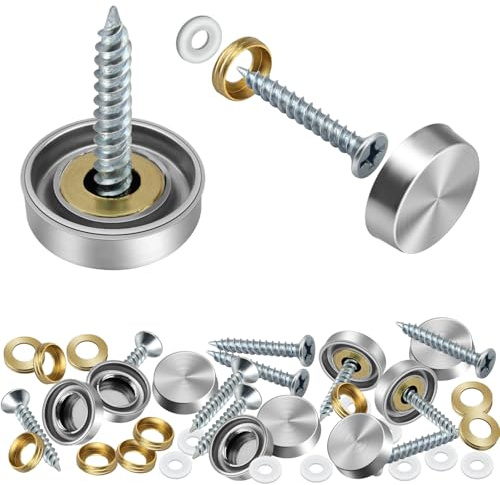 Lunhoo 16 Sets Stainless Steel Mirror Screws with Chrome Caps, Mirror Fixings Including Screw Covers, Screw Caps, Washers, for Mirrors, Glasses, Advertising Displays