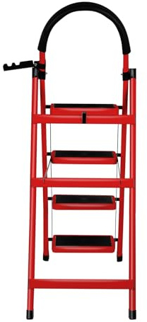 Escabeau Pliable 4 marches Charge maximale de 150kg pédales Larges accoudoirs escabeau escamotable légères pour la Maison, Cuisine, Placard et Bureau,133 x 74 x 39 cm - 4 marches (Rouge)